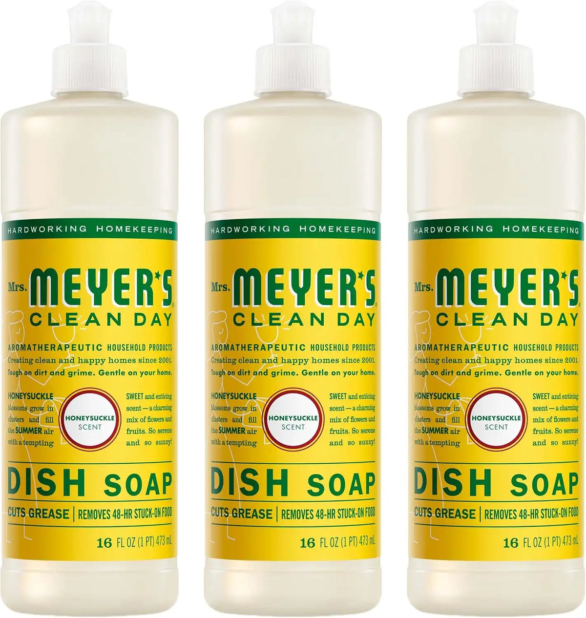 MRS. MEYER'S CLEAN DAY Liquid Dish Soap, Honeysuckle Scent, 16 Fl Oz Bottle - 3 Pack | Cuts Through Grease, Removes 48-Hour Stuck on Food, Cruelty Free, Made with Essential Oils and Aloe Vera Extract