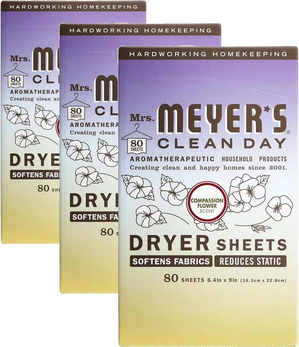 MRS. MEYER'S CLEAN DAY Dryer Sheets, Fabric Softener, Reduces Static, Infused with Essential Oils, Compassion Flower, 80 Count (Pack of 3)