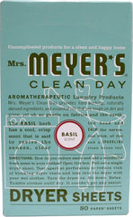 MRS. MEYER'S CLEAN DAY Dryer Sheets, Fabric Softener, Basil, 80 Count | Adds Freshness to Clothes and Softens Fabric, Reduces Static, Infused with Essential Oils