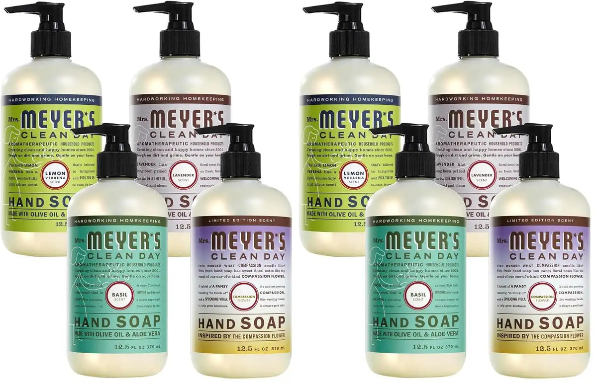 Mrs. MEYER'S Clean Day Liquid Hand Soap 8 Pack Variety, Lemon Verbena, Lavender, Basil, Compassion Flower, 12.5 OZ Each, 1 CT