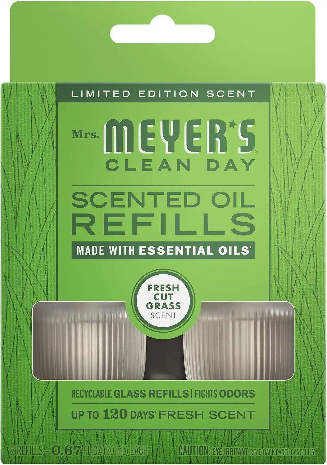 MRS. MEYER'S CLEAN DAY Premium Scented Oil, Fresh Cut Grass, 2 Refills | Air Freshener Refills for Home, 0.67oz Recyclable Glass Refills, Works with Mrs. Meyer's Plug In Diffuser (Sold Separately)