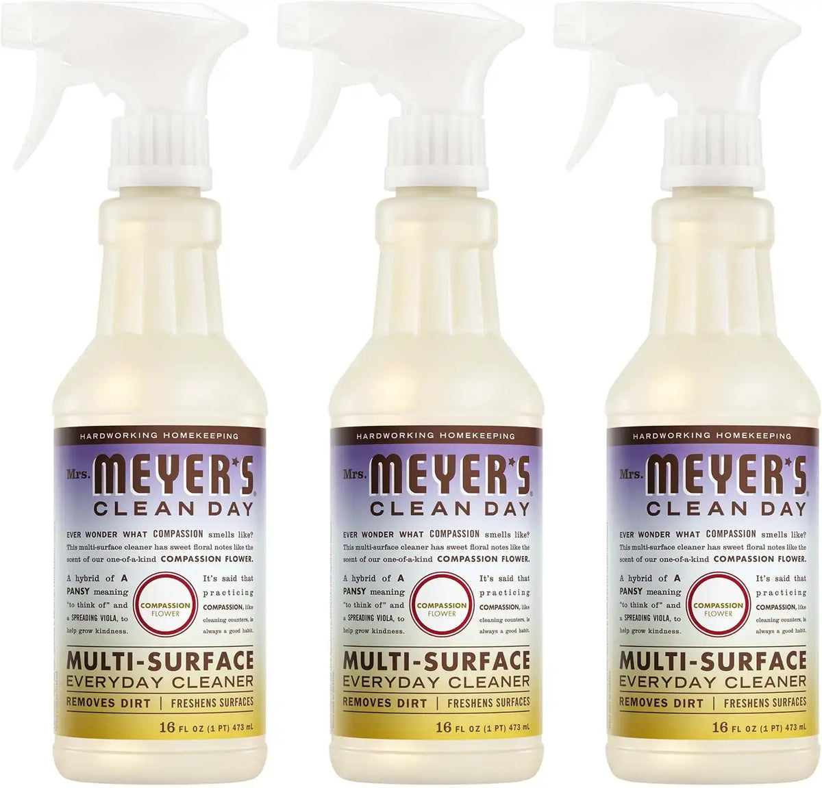 MRS. MEYER'S CLEAN DAY Multi-Surface Everyday Cleaner, Compassion Flower Scent, 16 Fl Oz Bottle - 3 Pack | 16 fl oz, Removes Dirt and Freshens Surfaces, Everyday Use, All-Purpose Cleaner, Cruelty Free, Made with Essential Oils