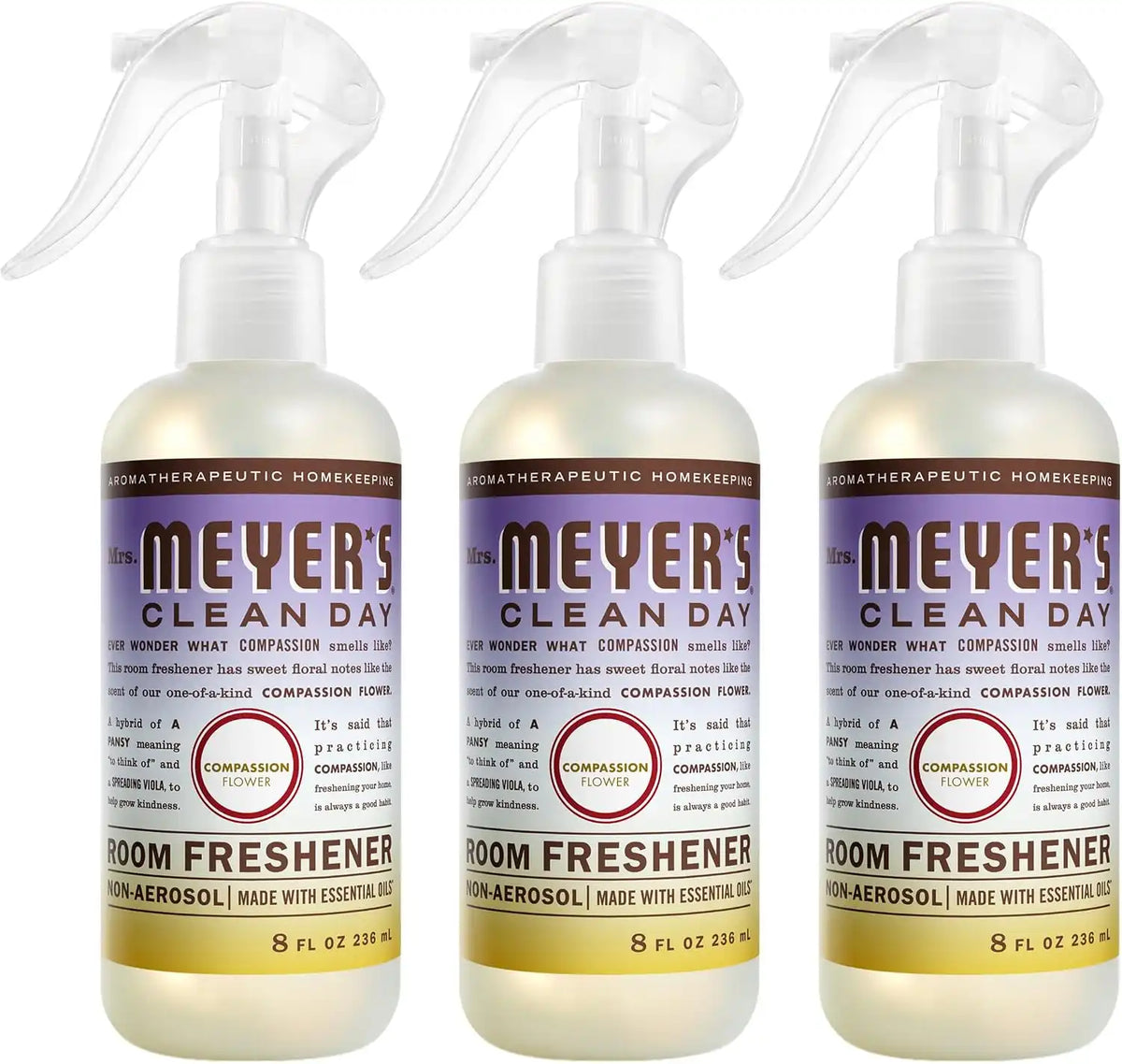 MRS. MEYER'S CLEAN DAY Room Spray, Compassion Flower Scent, 8 Fl Oz Bottle - 3 Pack | Air Freshener Spray, Adds Instant Scent, Non-Aerosol, Made with Essentail Oils
