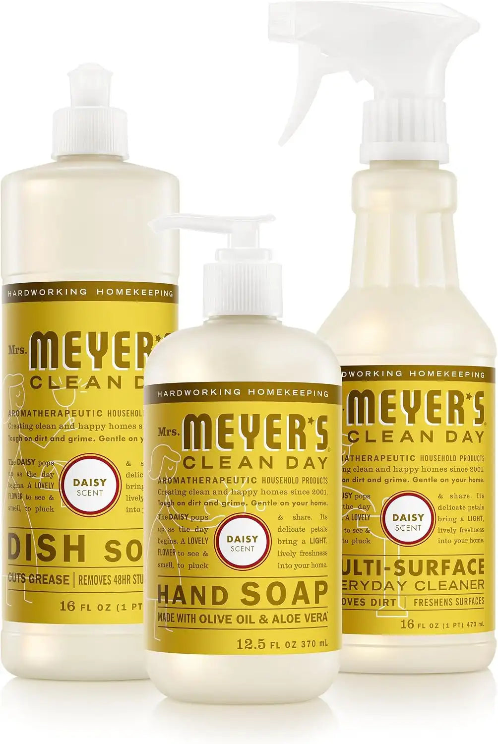 MRS. MEYER'S CLEAN DAY Kitchen Basics Set, Daisy, Cleaning Supplies | Trio of Kitchen Essentials, Includes Hand Soap (12.5 fl oz), Dish Soap (16 fl oz) and Multi-Surface Cleaner (16 fl oz)