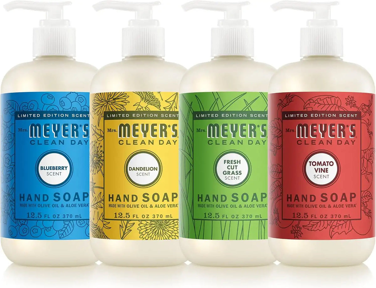 MRS. MEYER'S CLEAN DAY Summer Hand Soap Set, 12.5 fl oz, 4 Pack | Moisturizing Liquid Hand Soap, Softens and Cleans Hands, Includes Blueberry, Tomato Vine, Dandelion and Fresh Cut Grass