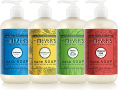 MRS. MEYER'S CLEAN DAY Summer Hand Soap Set, 12.5 fl oz, 4 Pack | Moisturizing Liquid Hand Soap, Softens and Cleans Hands, Includes Blueberry, Tomato Vine, Dandelion and Fresh Cut Grass