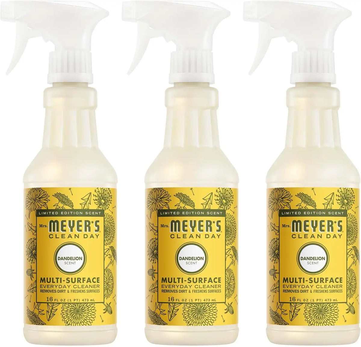 MRS. MEYER'S CLEAN DAY Multi-Surface Cleaner, Dandelion, 16 fl oz, 3 Pack | Removes Dirt and Freshens Surfaces, Everyday Use, All-Purpose Cleaner, Cruelty Free, Made with Essential Oils