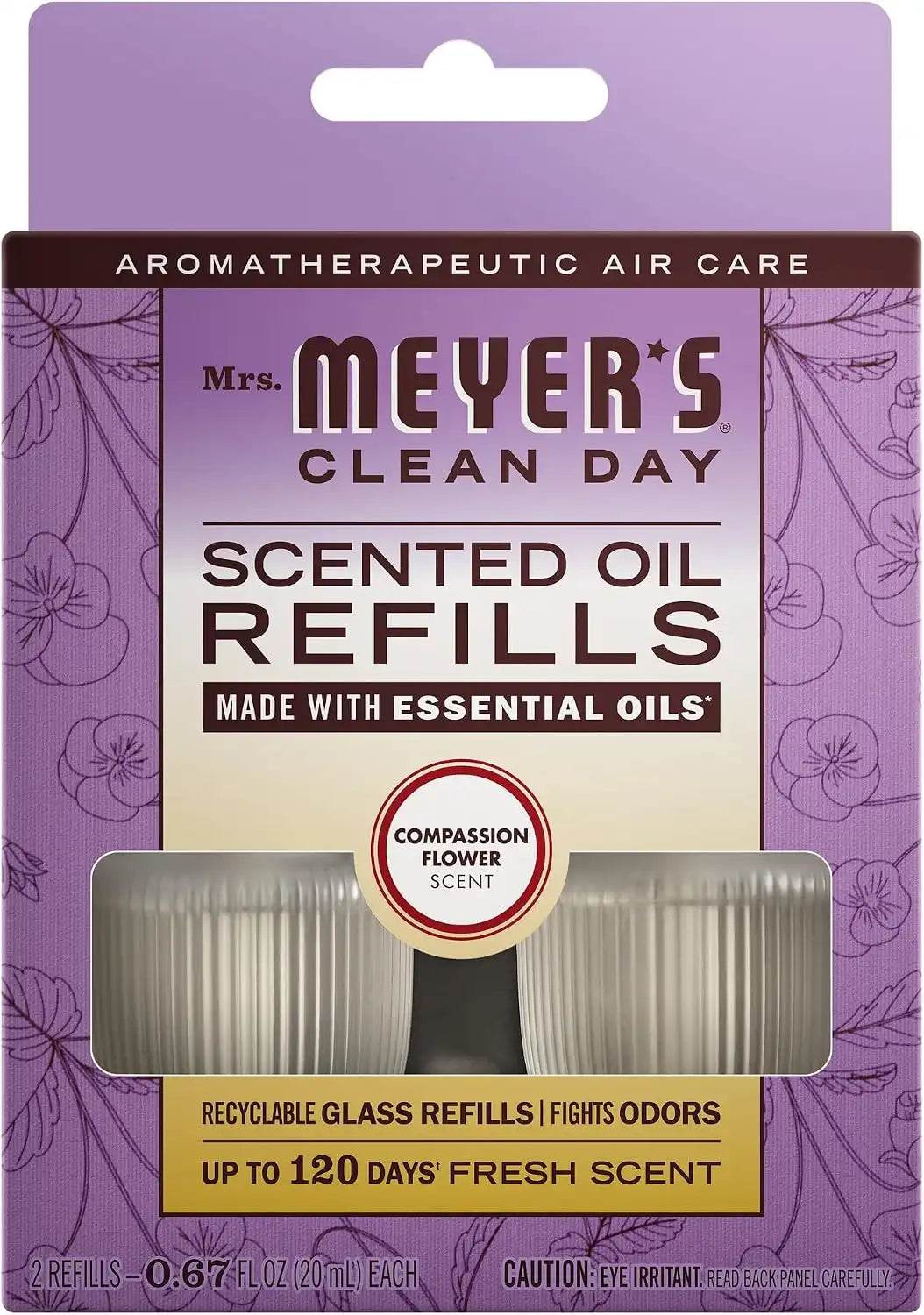 MRS. MEYER'S CLEAN DAY Scented Oil Refills, Compassion Flower, 2 Refills | Air Freshener Refills for Home, 0.67oz Recyclable Glass Refills, Works with Mrs. Meyer's Plug In Diffuser (Sold Separately)