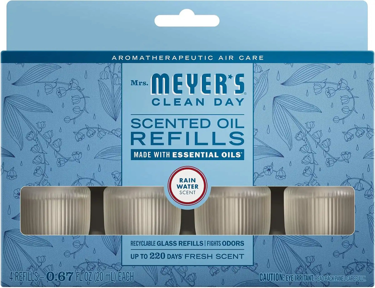 MRS. MEYER'S CLEAN DAY Premium Scented Oil, Rain Water, 4 Refills | Air Freshener Refills for Home, 0.67oz Recyclable Glass Refills, Works with Mrs. Meyer's Plug In Diffuser (Sold Separately)