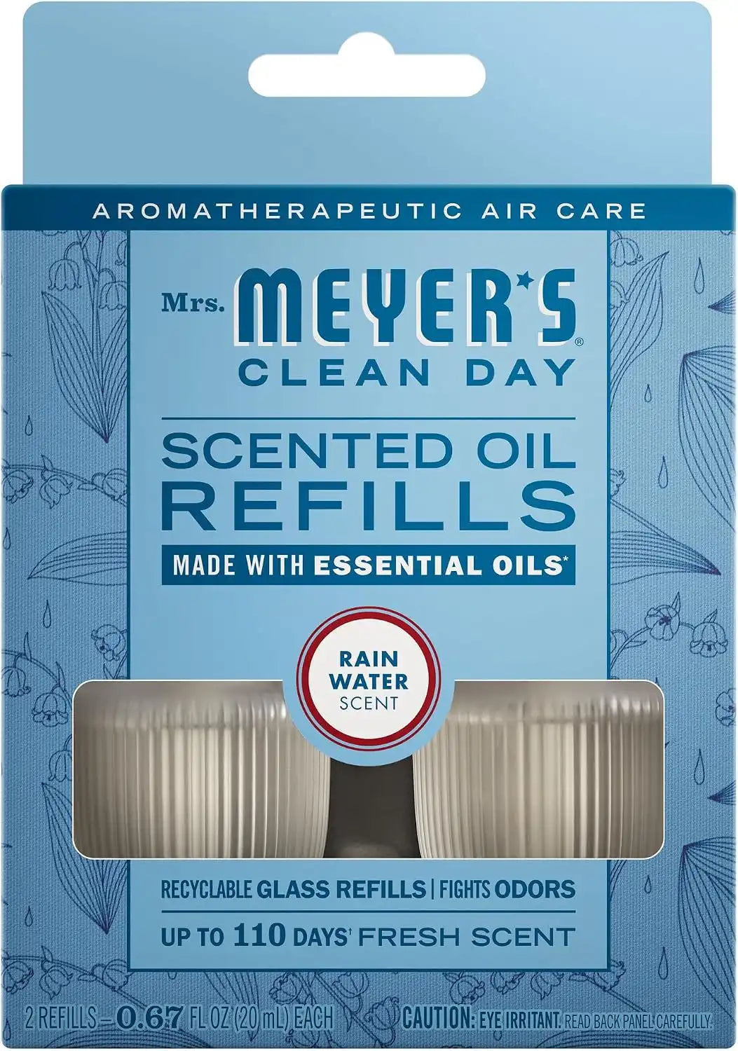MRS. MEYER'S CLEAN DAY Premium Scented Oil, Rain Water, 2 Refills | Air Freshener Refills for Home, 0.67oz Recyclable Glass Refills, Works with Mrs. Meyer's Plug In Diffuser (Sold Separately)