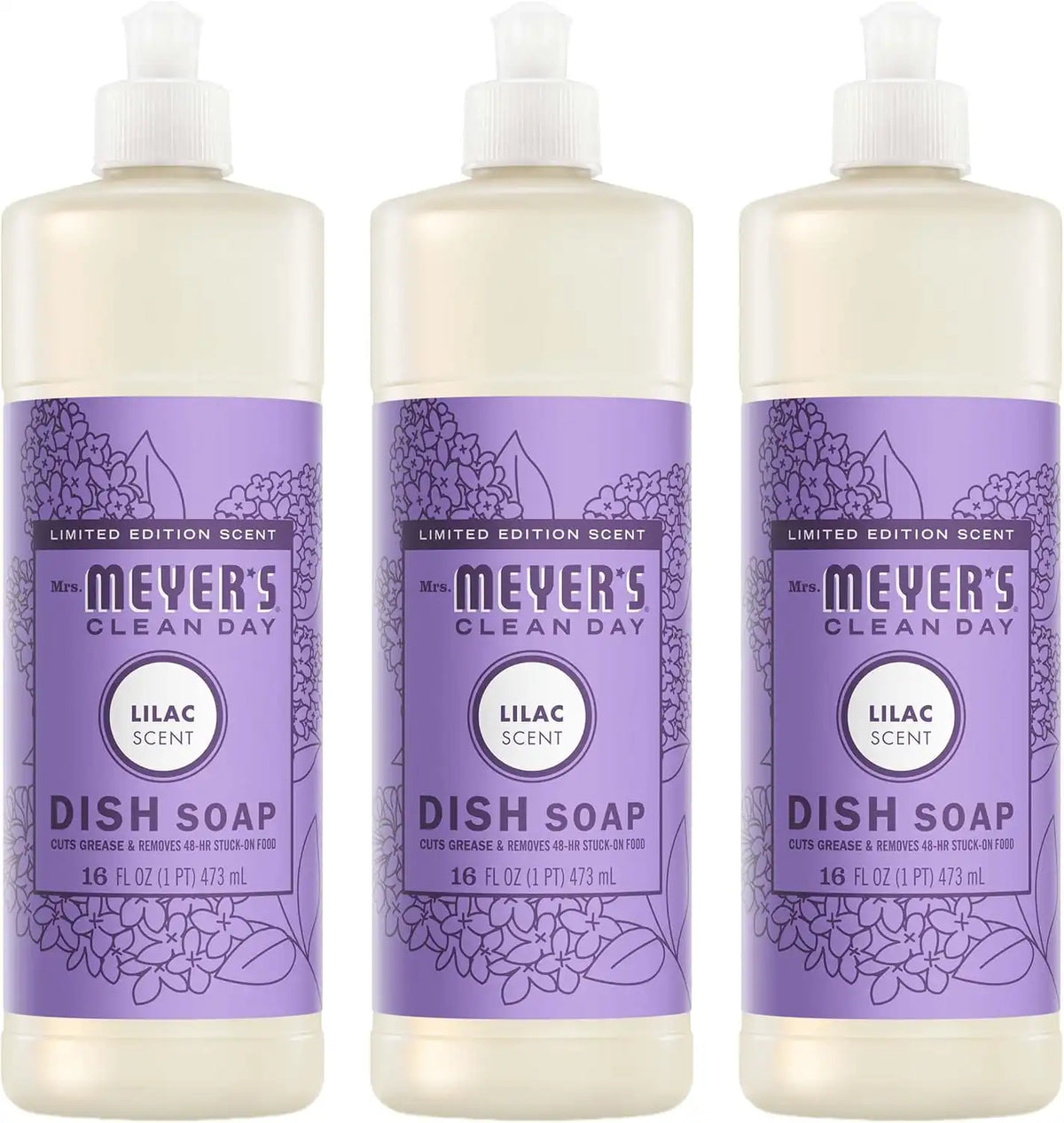 MRS. MEYER'S CLEAN DAY Liquid Dish Soap, Lilac, 16 fl oz, 3 Pack | Cuts Through Grease, Removes 48-Hour Stuck on Food, Cruelty Free, Made with Essential Oils and Aloe Vera Extract