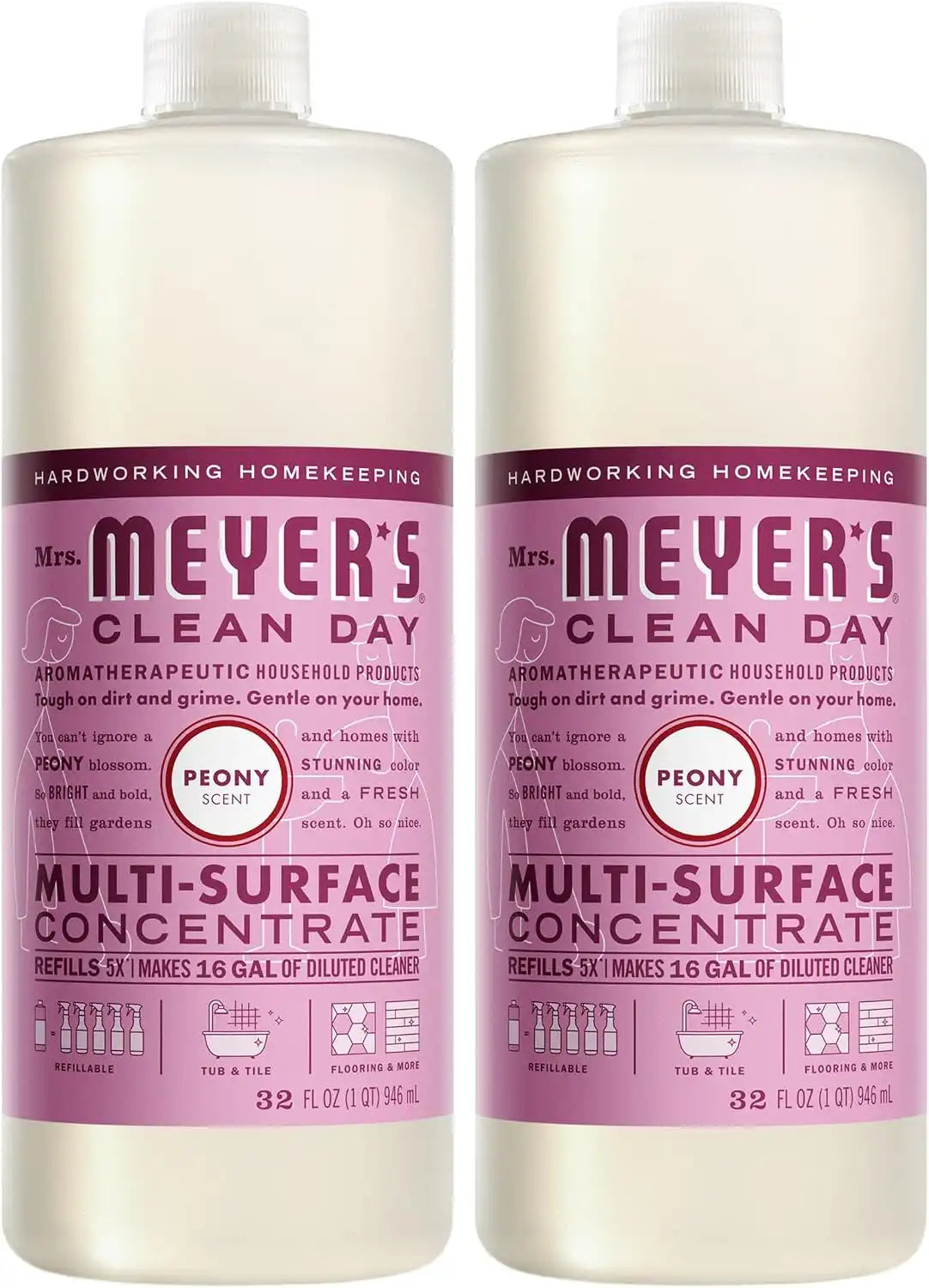 MRS. MEYER'S CLEAN DAY Multi-Surface Everyday Concentrate, Peony Scent, 32 Fl Oz Bottle - 2 Pack | Dilute with Water for Powerful Cleaner, Makes Up to 16 Gallons per Bottle, Removes Dirt and Freshens Surfaces