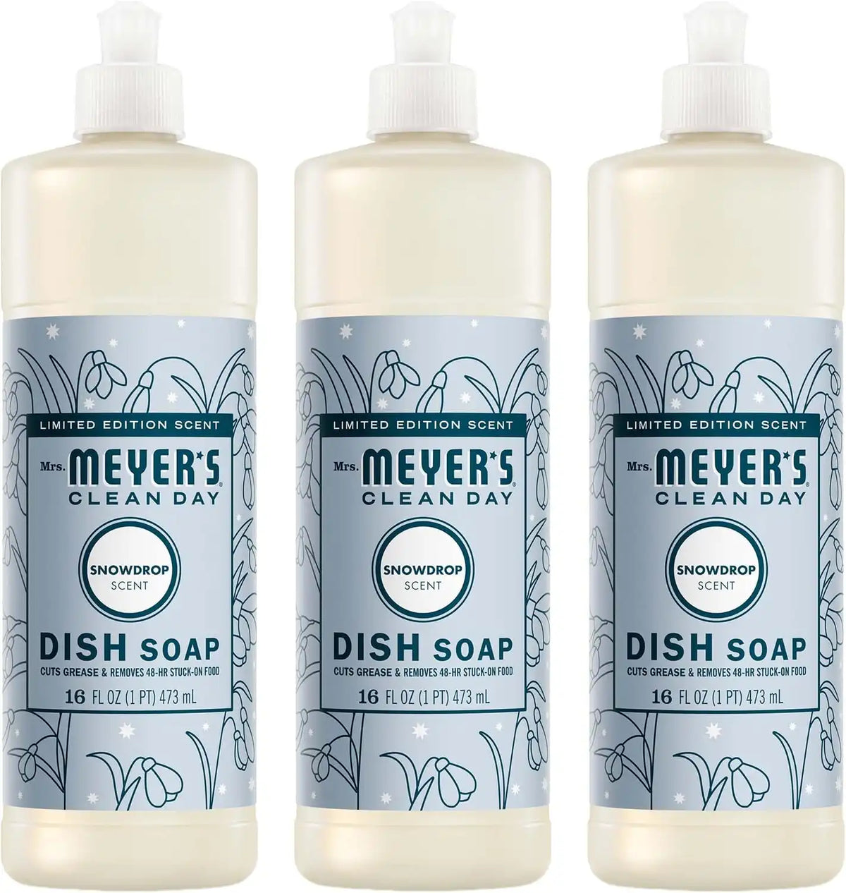MRS. MEYER'S CLEAN DAY Liquid Dish Soap, Limited Edition Snowdrop, 16 Fl. Oz - Pack of 3 | Cuts Through Grease, Removes 48-Hour Stuck on Food, Cruelty Free, Made with Essential Oils and Aloe Vera Extract