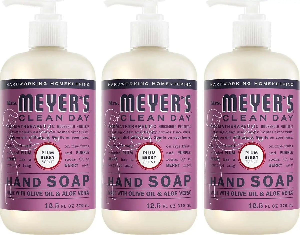 MRS. MEYER'S CLEAN DAY Liquid Hand Soap, Plum Berry, 12.5 fl oz, 3 Pack | Moisturizing Liquid Hand Soap, Softens and Cleans Hands, Cruelty Free, Made with Essential Oils, Olive Oil, and Aloe Vera
