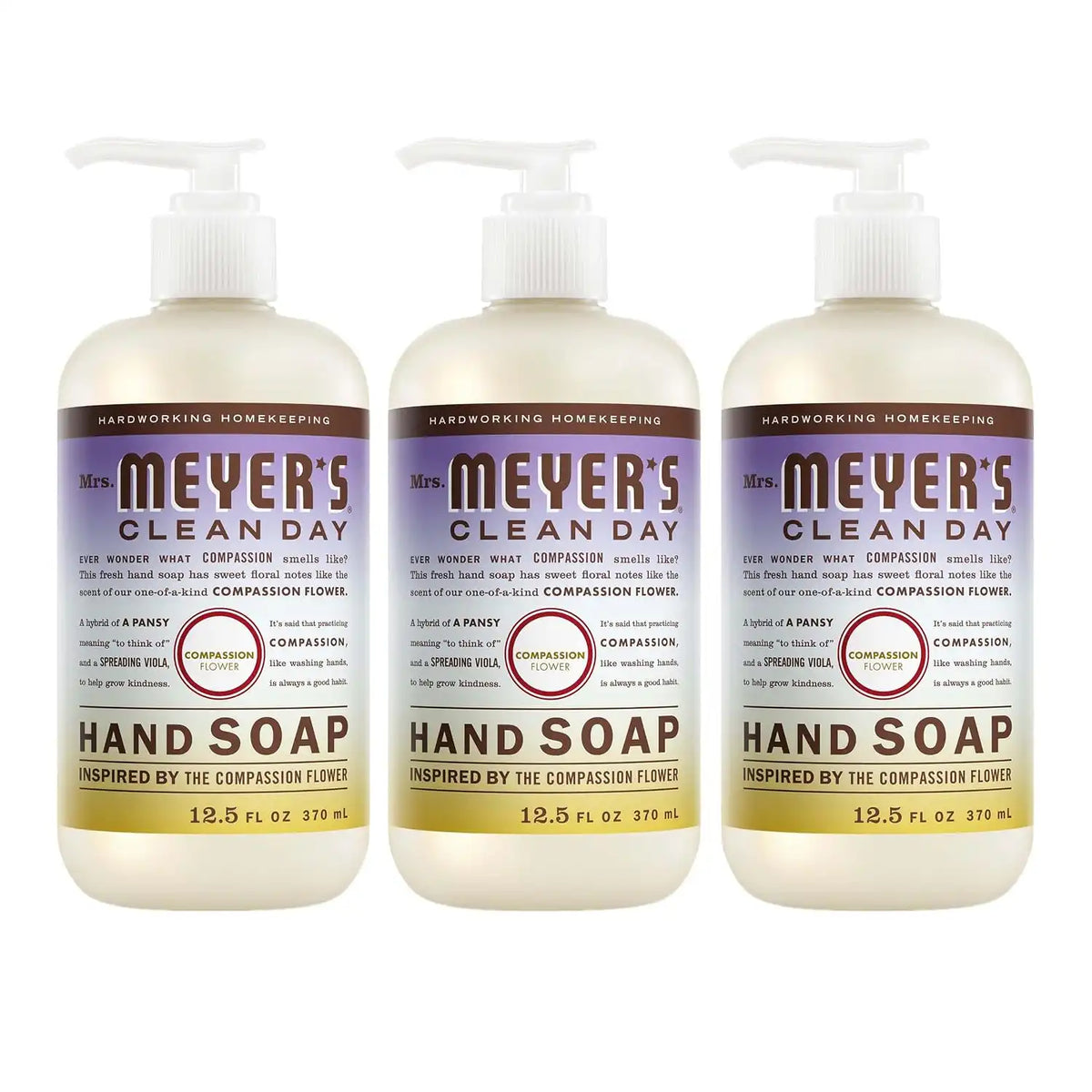 MRS. MEYER'S CLEAN DAY Hand Soap, Compassion Flower Scent, 12.5 Fl Oz Bottle - 3 Pack | Moisturizing Liquid Hand Soap, Softens and Cleans Hands, Cruelty Free, Made with Essential Oils, Olive Oil, and Aloe Vera