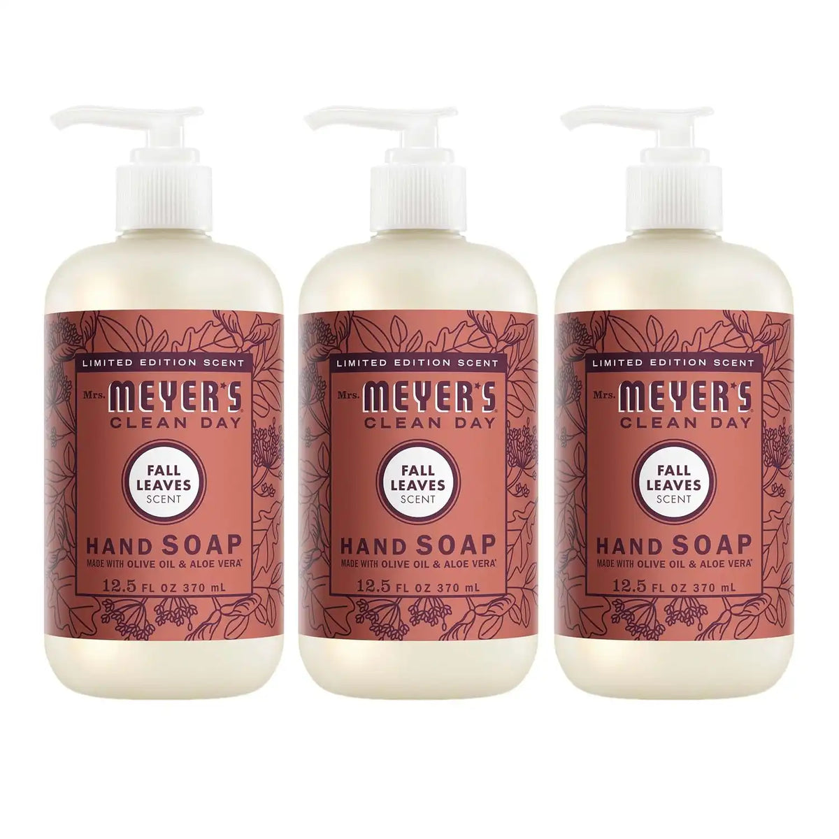 MRS. MEYER'S CLEAN DAY Liquid Hand Soap, Fall Leaves, 12.5 fl oz, 3 Pack | Moisturizing Liquid Hand Soap, Softens and Cleans Hands, Cruelty Free, Made with Essential Oils, Olive Oil, and Aloe Vera