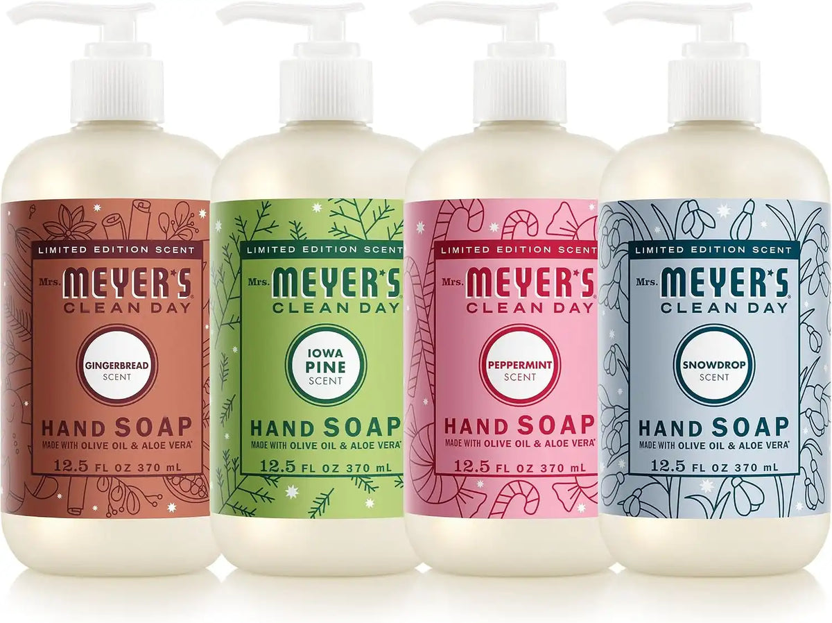 MRS. MEYER'S CLEAN DAY Holiday Liquid Hand Soap Set | Moisturizing Liquid Hand Soap, Softens and Cleans Hands, Includes Peppermint, Iowa Pine, Snowdrop, Gingerbread
