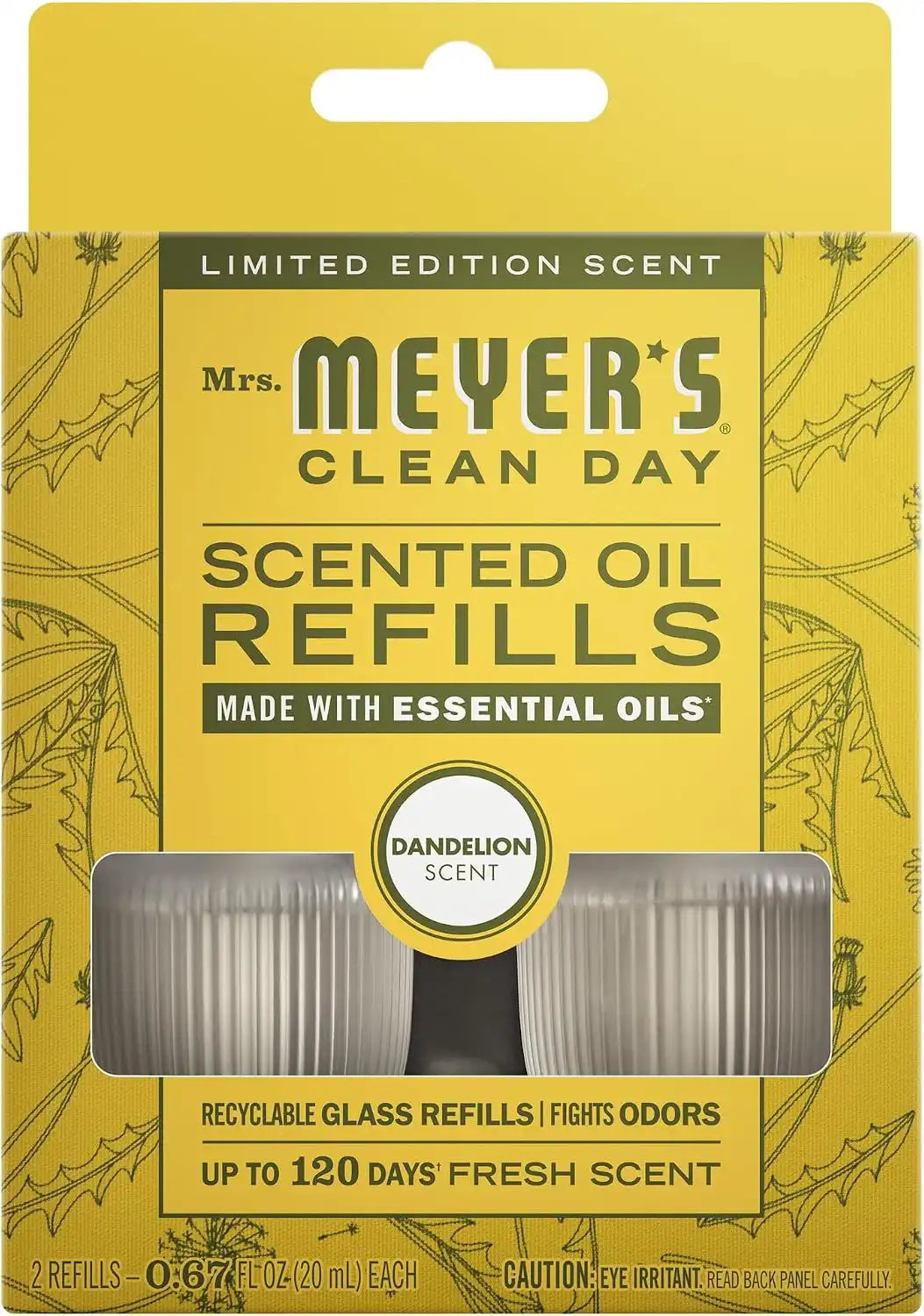 MRS. MEYER'S CLEAN DAY Premium Scented Oil Refills, Dandelion, 2 Refills | Air Freshener Refills for Home, 0.67oz Recyclable Glass Refills, Works with Mrs. Meyer's Plug In Diffuser (Sold Separately)
