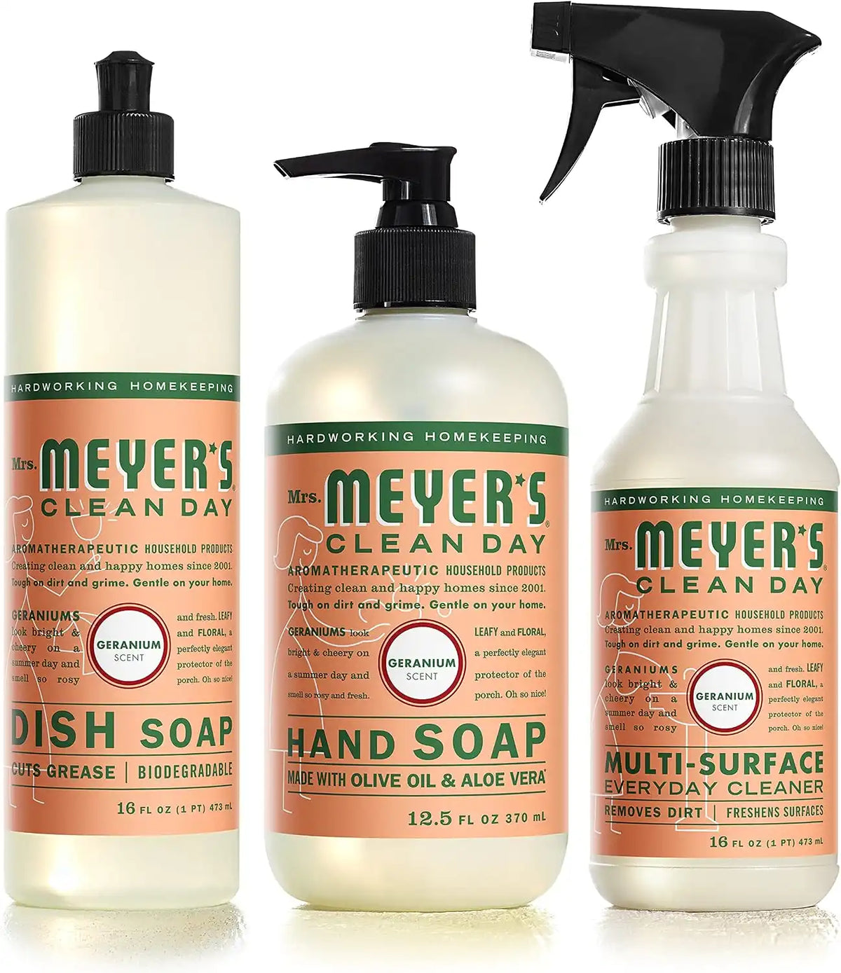 MRS. MEYER'S CLEAN DAY Kitchen Essentials Set, Includes: Hand Soap, Dish Soap, and All Purpose Cleaner, Geranium, 3 Count Pack