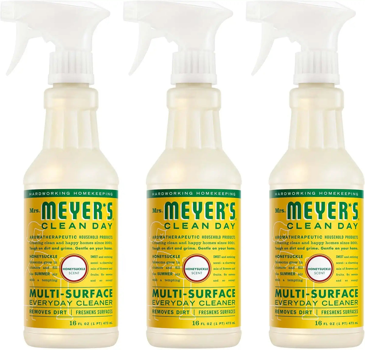 MRS. MEYER'S CLEAN DAY Multi-Surface Everyday Cleaner, Honeysuckle Scent, 16 Fl Oz Bottle - 3 Pack | Removes Dirt and Freshens Surfaces, Everyday Use, All-Purpose Cleaner, Cruelty Free, Made with Essential Oils