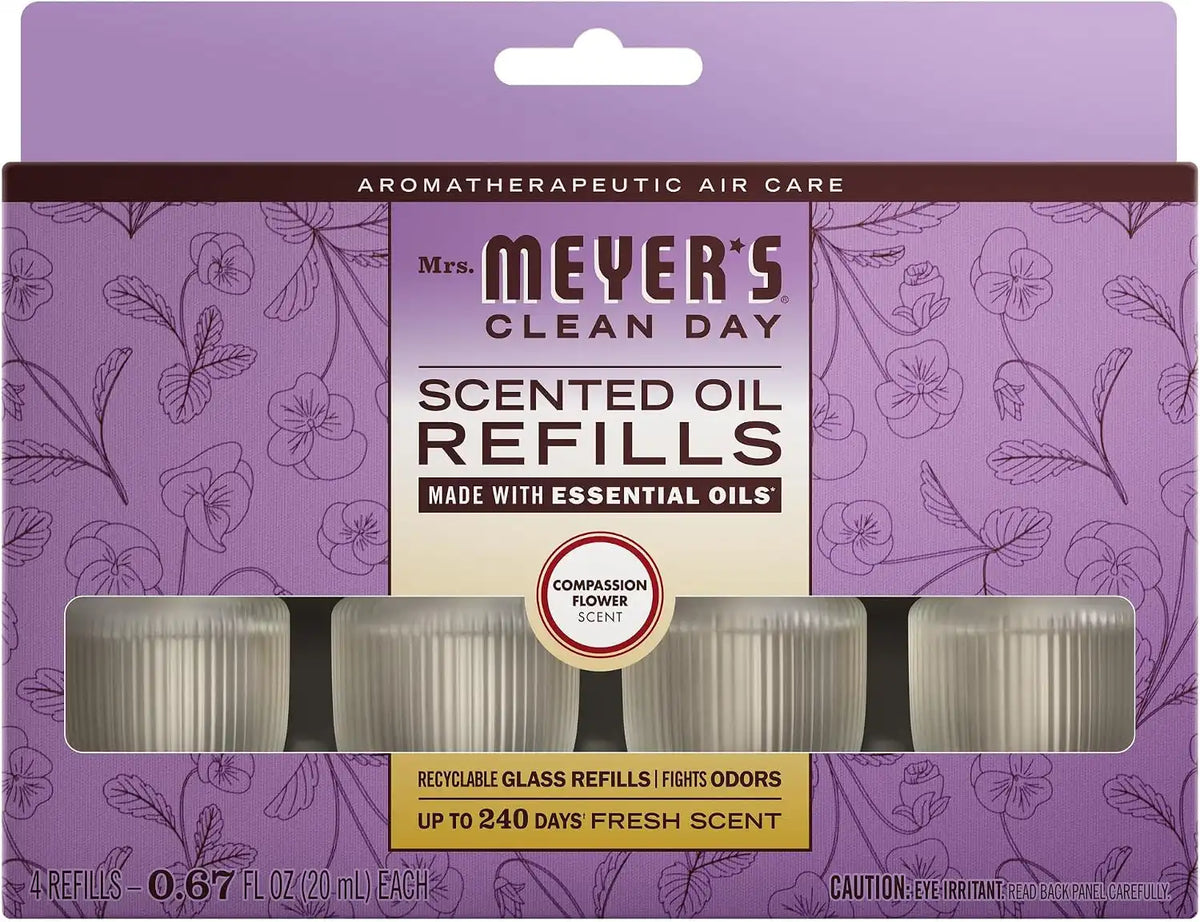 MRS. MEYER'S CLEAN DAY Scented Oil Refills, Compassion Flower, 4 Refills | Air Freshener Refills for Home, 0.67oz Recyclable Glass Refills, Works with Mrs. Meyer's Plug In Diffuser (Sold Separately)