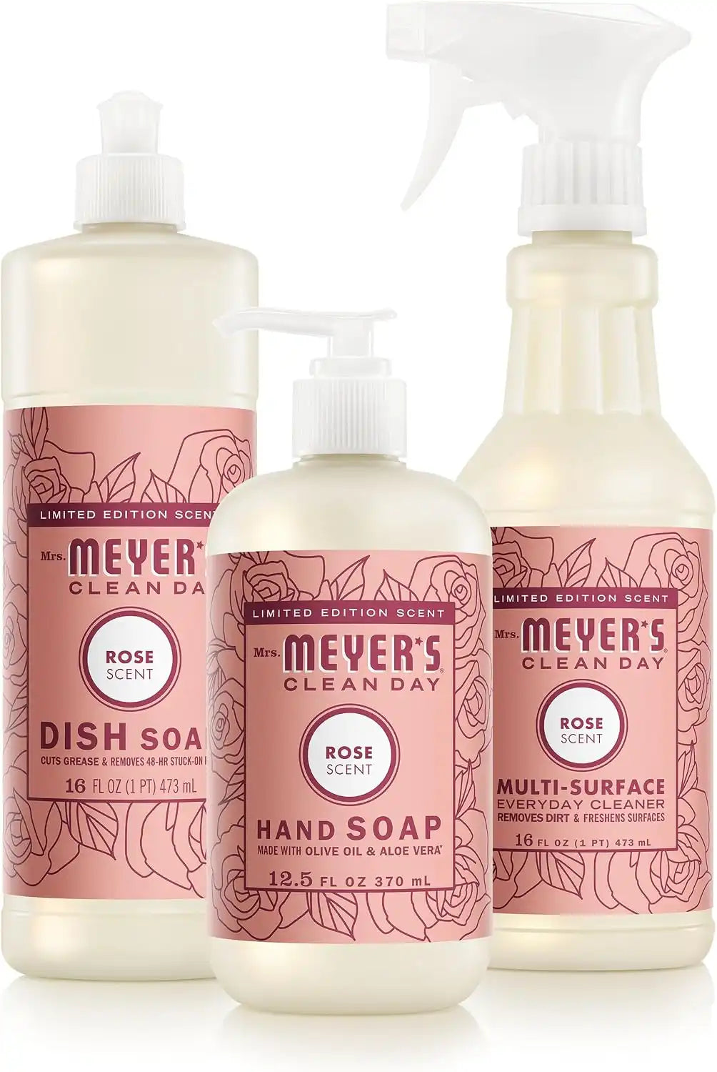 MRS. MEYER'S CLEAN DAY Kitchen Basics Set, Rose, Cleaning Supplies | Trio of Kitchen Essentials, Includes Hand Soap (12.5 fl oz), Dish Soap (16 fl oz) and Multi-Surface Cleaner (16 fl oz)