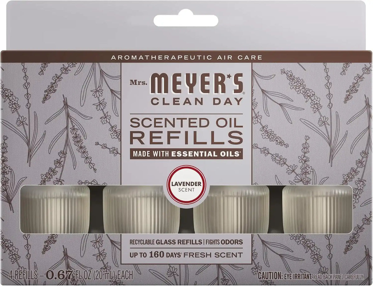 MRS. MEYER'S CLEAN DAY Premium Scented Oil , Lavender, 4 Refills | Air Freshener Refills for Home, 0.67oz Recyclable Glass Refills, Works with Mrs. Meyer's Plug In Diffuser (Sold Separately)