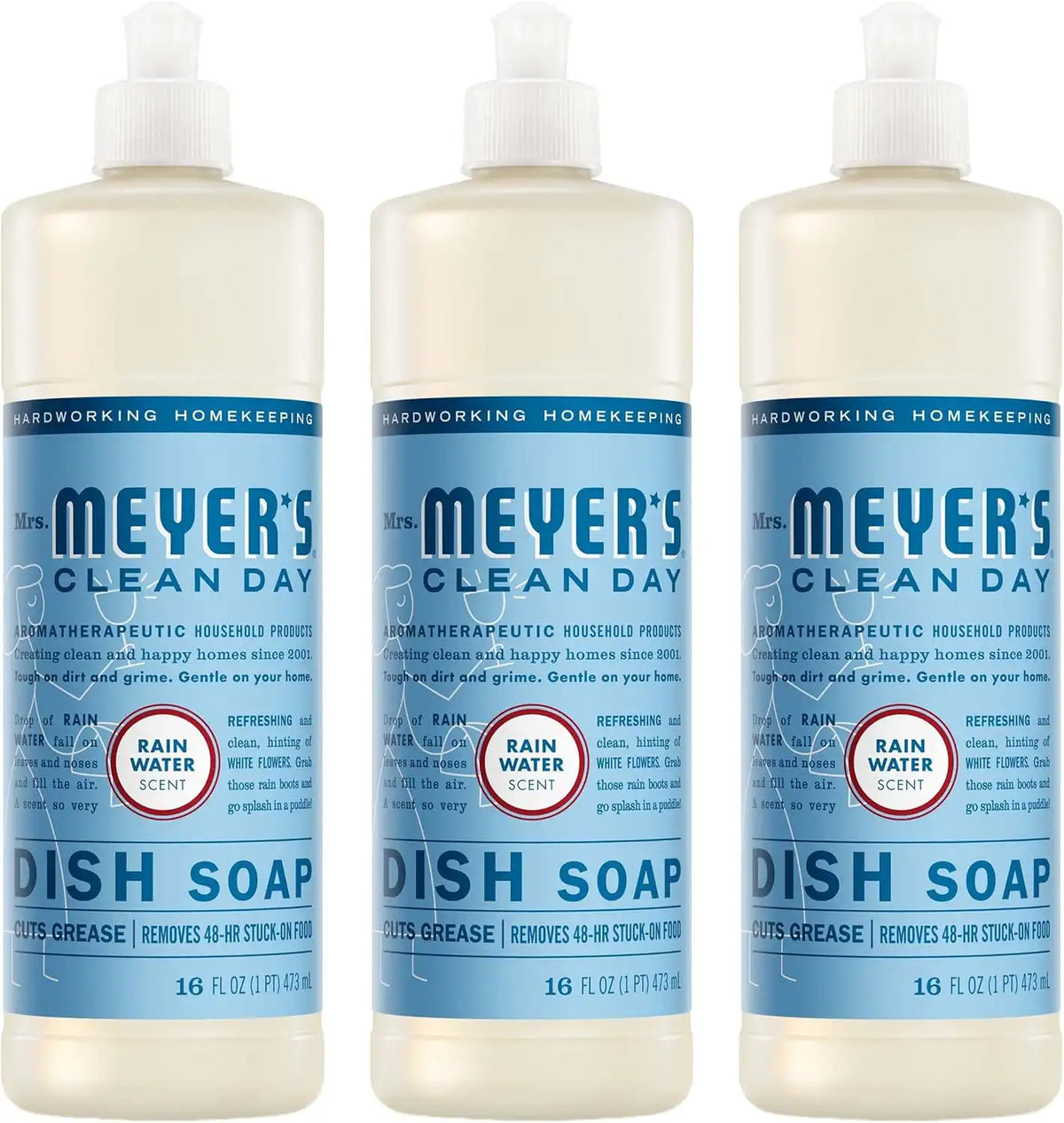 MRS. MEYER'S CLEAN DAY Liquid Dish Soap, Rain Water Scent, 16 Fl Oz Bottle - 3 Pack | Cuts Through Grease, Removes 48-Hour Stuck on Food, Cruelty Free, Made with Essential Oils and Aloe Vera Extract
