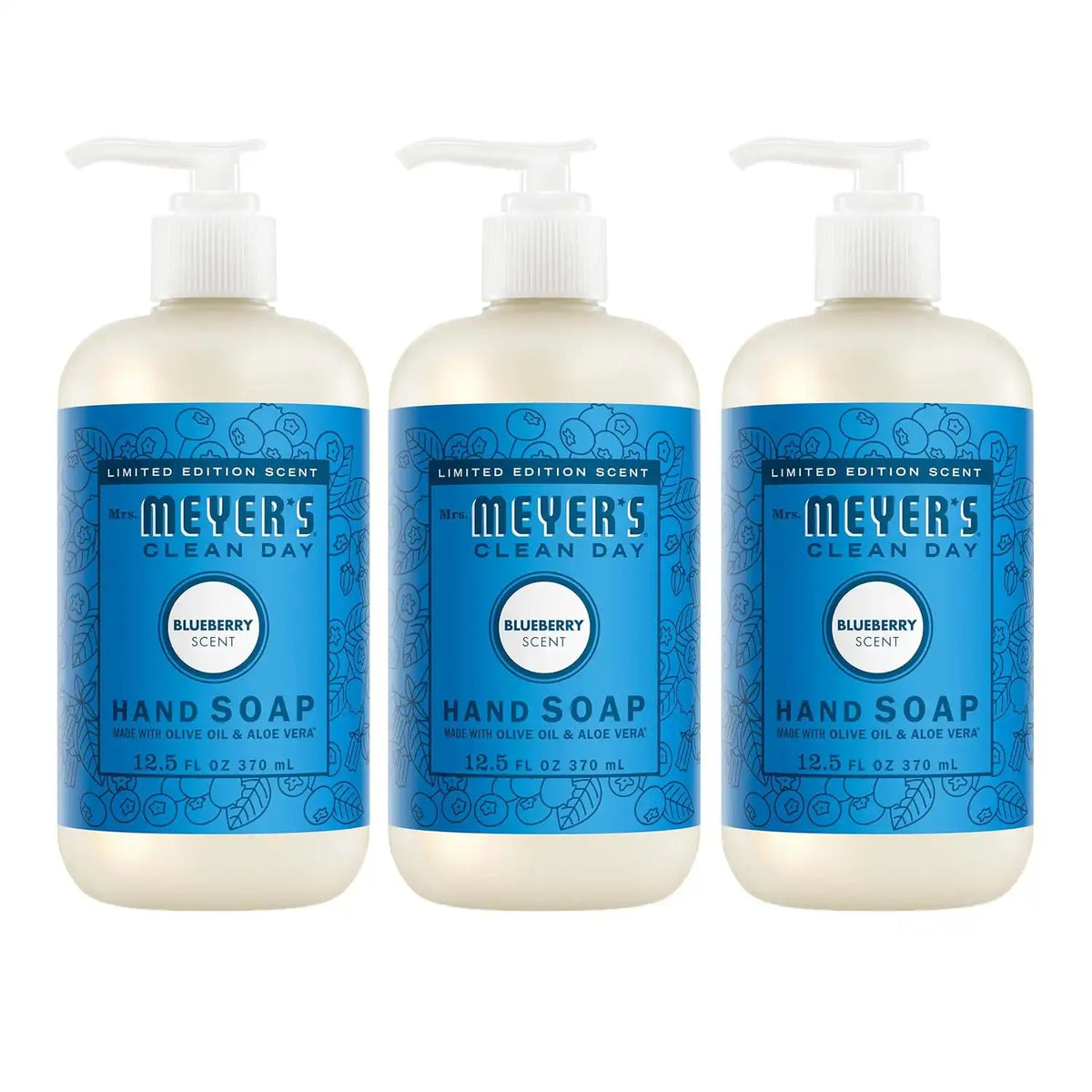 MRS. MEYER'S CLEAN DAY Liquid Hand Soap, Blueberry, 12.5 fl oz, 3 Pack | Moisturizing Liquid Hand Soap, Softens and Cleans Hands, Cruelty Free, Made with Essential Oils, Olive Oil, and Aloe Vera