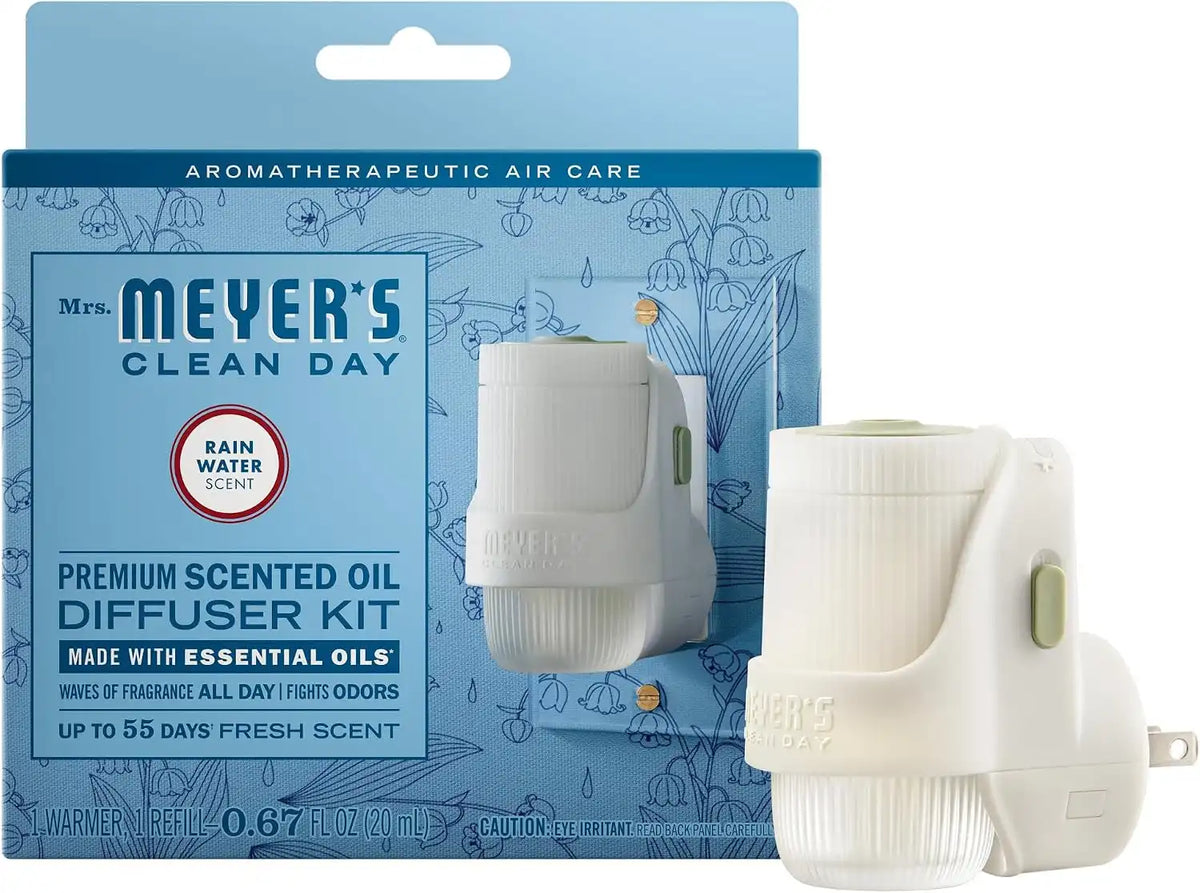 MRS. MEYER'S CLEAN DAY Scented Oil, Rain Water, 1 Warmer and Refill | Freshens Home with Premium Scent, Plug-In, Diffuser & Air Freshener Kit, Recyclable Glass Refills, 67 fl oz Refill