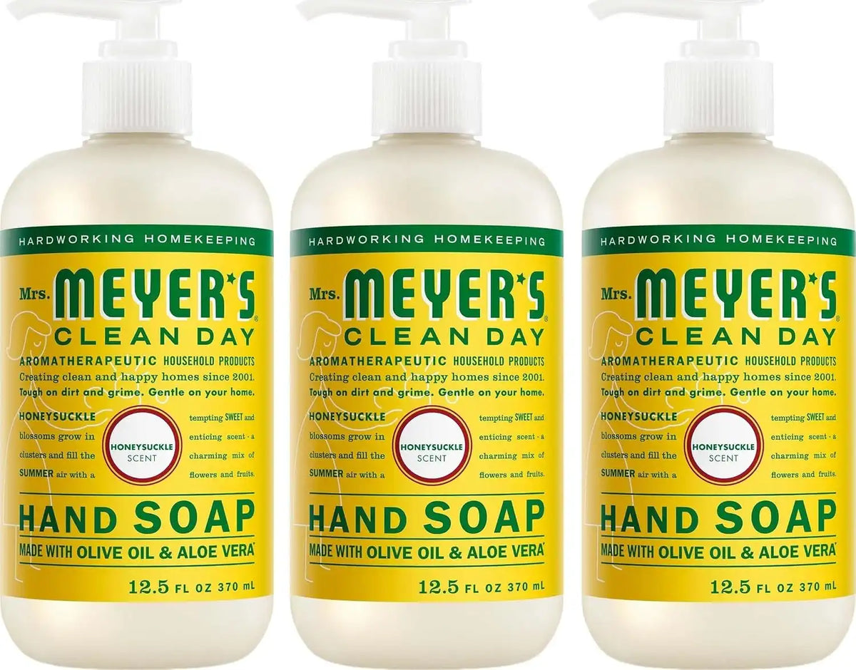 MRS. MEYER'S CLEAN DAY Hand Soap, Honeysuckle Scent, 12.5 Fl Oz Bottle - 3 Pack | Moisturizing Liquid Hand Soap, Softens and Cleans Hands, Cruelty Free, Made with Essential Oils, Olive Oil, and Aloe Vera
