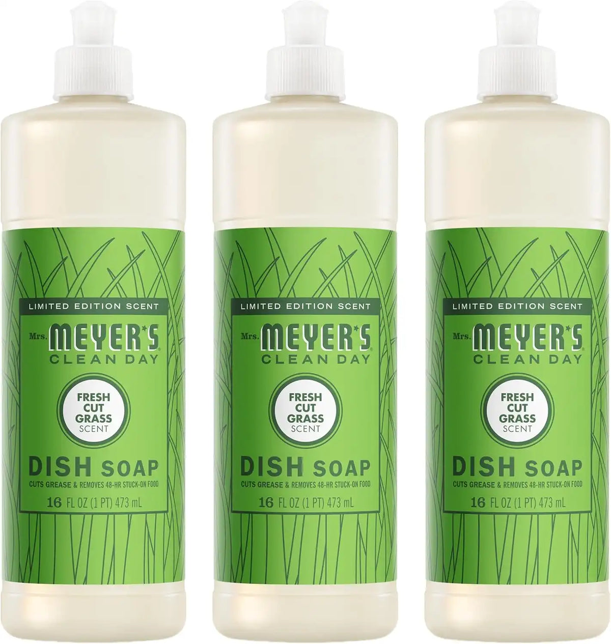 MRS. MEYER'S CLEAN DAY Liquid Dish Soap, Fresh Cut Grass, 16 fl oz, 3 Pack | Cuts Through Grease, Removes 48-Hour Stuck on Food, Cruelty Free, Made with Essential Oils and Aloe Vera Extract