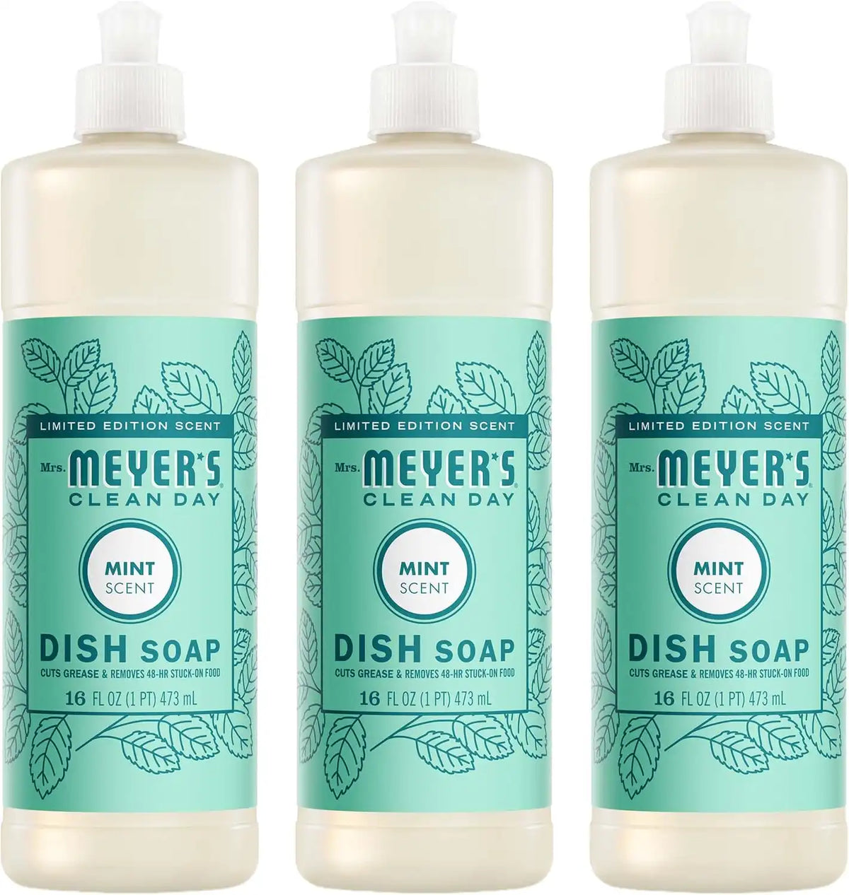 MRS. MEYER'S CLEAN DAY Liquid Dish Soap, Mint Scent, 16 Fl Oz Bottle - 3 Pack | Cuts Through Grease, Removes 48-Hour Stuck on Food, Cruelty Free, Made with Essential Oils and Aloe Vera Extract