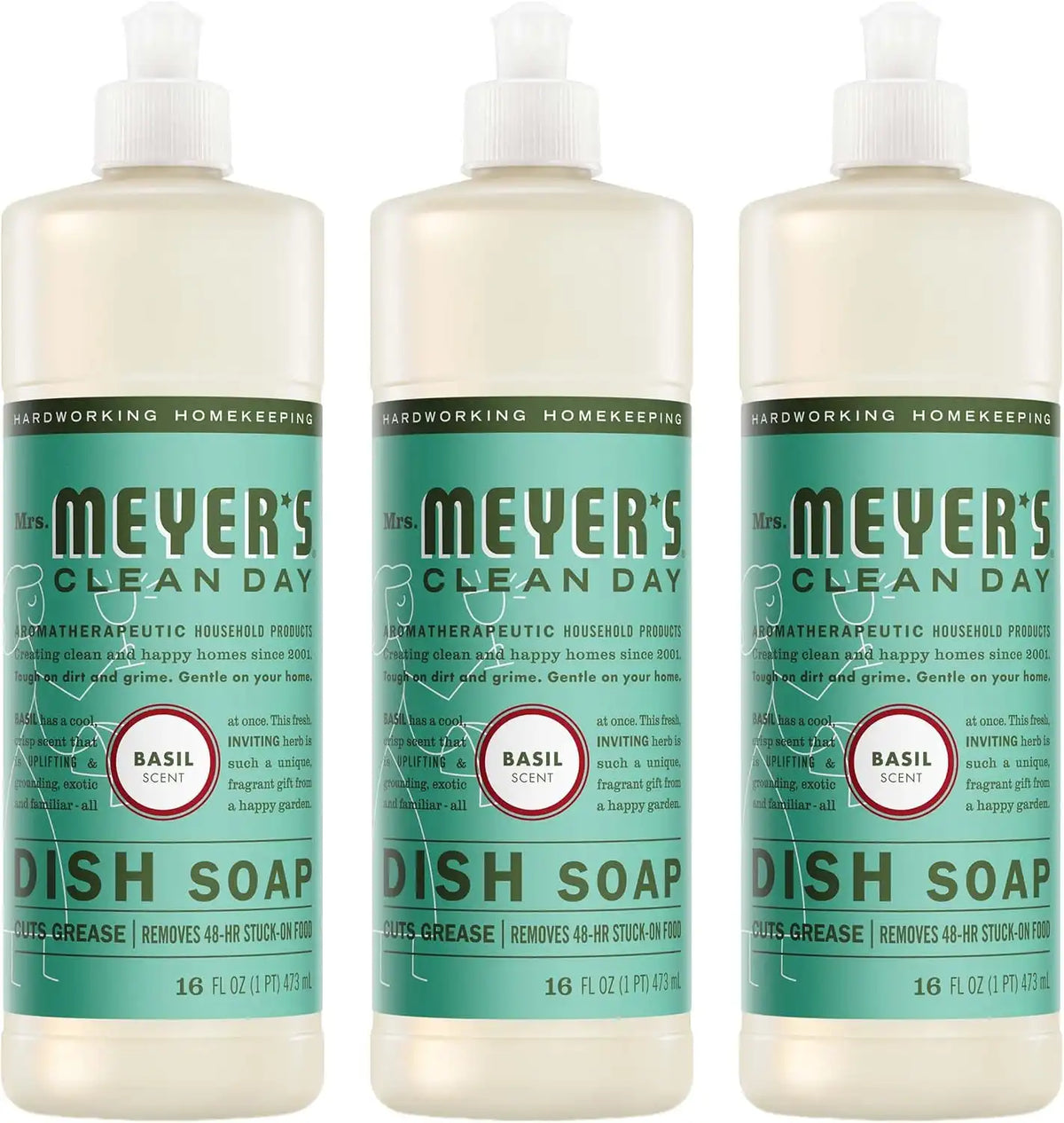 MRS. MEYER'S CLEAN DAY Liquid Dish Soap, Basil Scent, 16 Fl Oz Bottle - 3 Pack | Cuts Through Grease, Removes 48-Hour Stuck on Food, Cruelty Free, Made with Essential Oils and Aloe Vera Extract