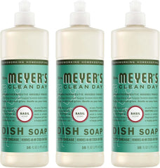 MRS. MEYER'S CLEAN DAY Liquid Dish Soap, Basil Scent, 16 Fl Oz Bottle - 3 Pack | Cuts Through Grease, Removes 48-Hour Stuck on Food, Cruelty Free, Made with Essential Oils and Aloe Vera Extract