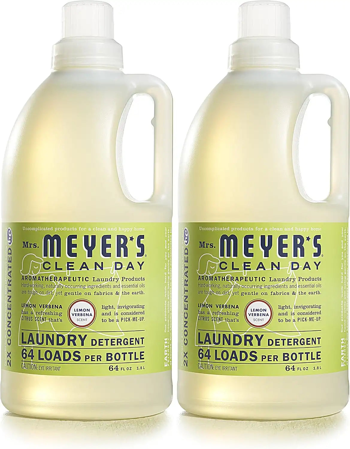 MRS. MEYER'S CLEAN DAY Laundry Detergent, Lemon Verbena, 64 fl oz, 2 Pack | Brightens Colors, Removes Tough Stains, Up to 64 Loads a Bottle, Made with Essential Oils and Stain-Fighting Enzymes